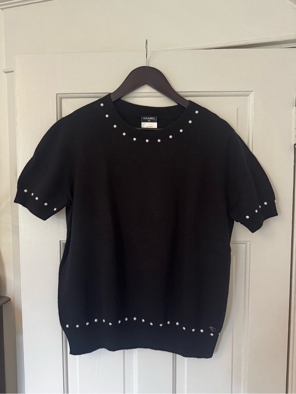 NWT Chanel Black Short-Sleeve Pearl-Trim Sweater